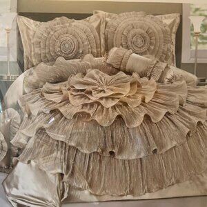 Tache Champagne Fancy Satin Ruffled Luxury Wedding Comforter Bedding Quilt  Only